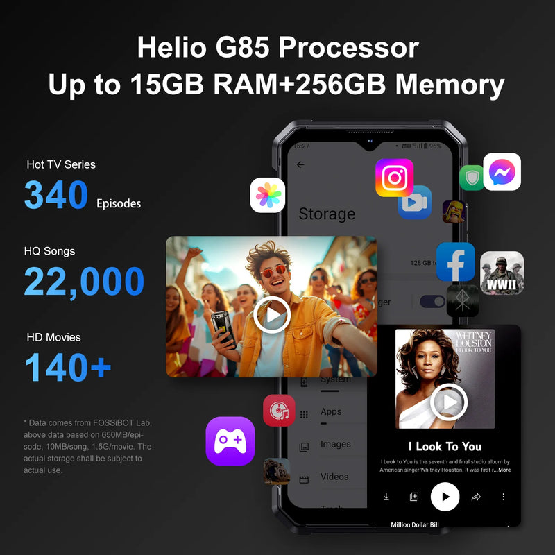 Fossibot f106 pro mtk g85, android 14,15gb (8 + 7gb estendido) smartphone robusto de 256gb de rom, bateria de 12000mah câmera 48mp, nfc