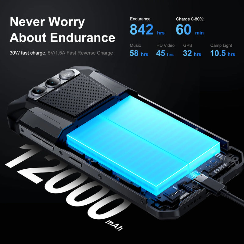 Fossibot f106 pro mtk g85, android 14,15gb (8 + 7gb estendido) smartphone robusto de 256gb de rom, bateria de 12000mah câmera 48mp, nfc